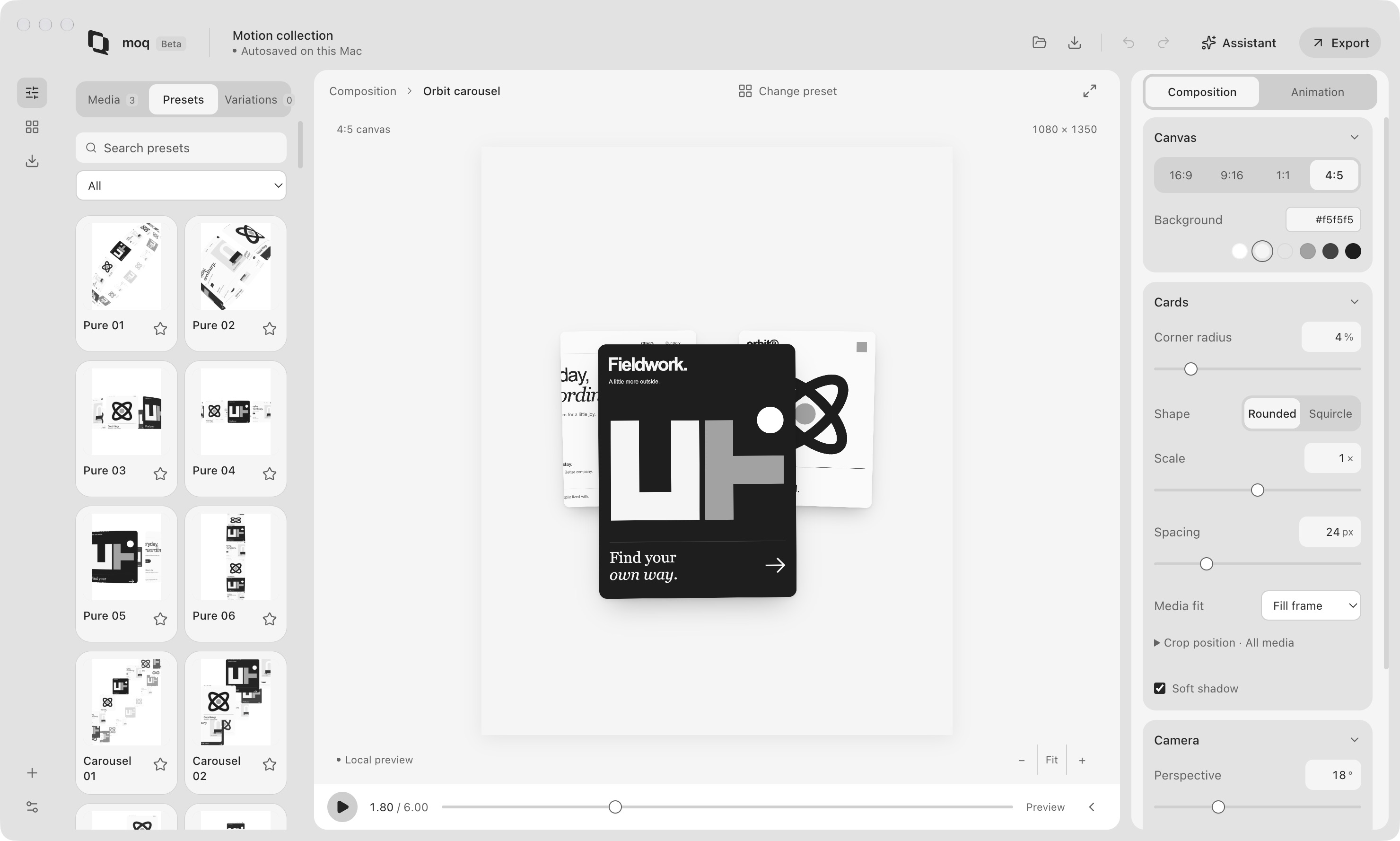 Moq editor showing imported artwork, motion presets, a live canvas, and composition controls